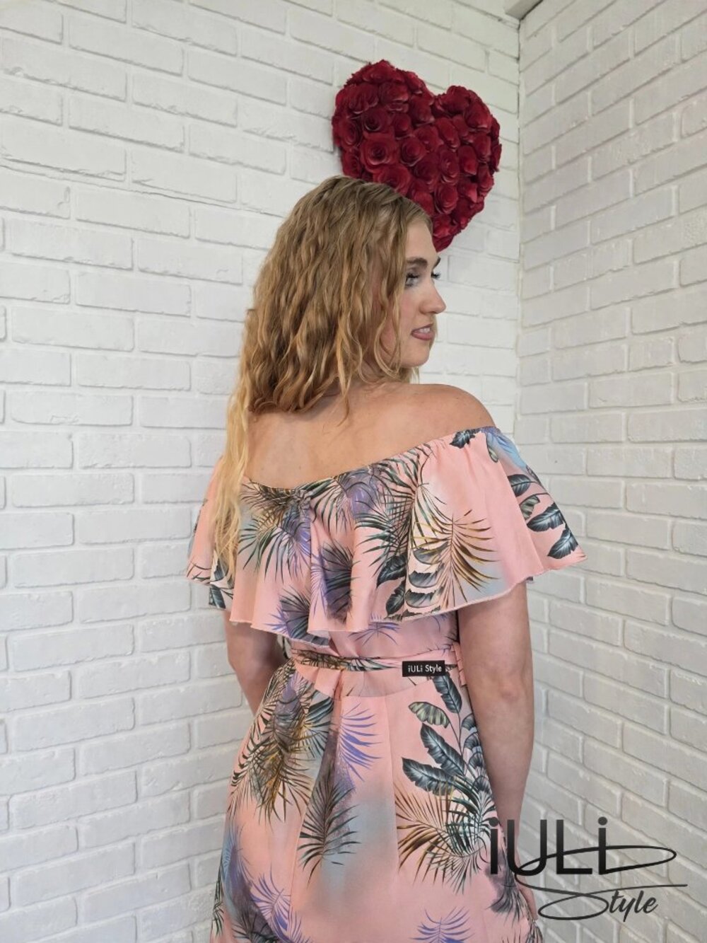 Pink Off Shoulder Tropical Palm Print Romper with Waist Tie
